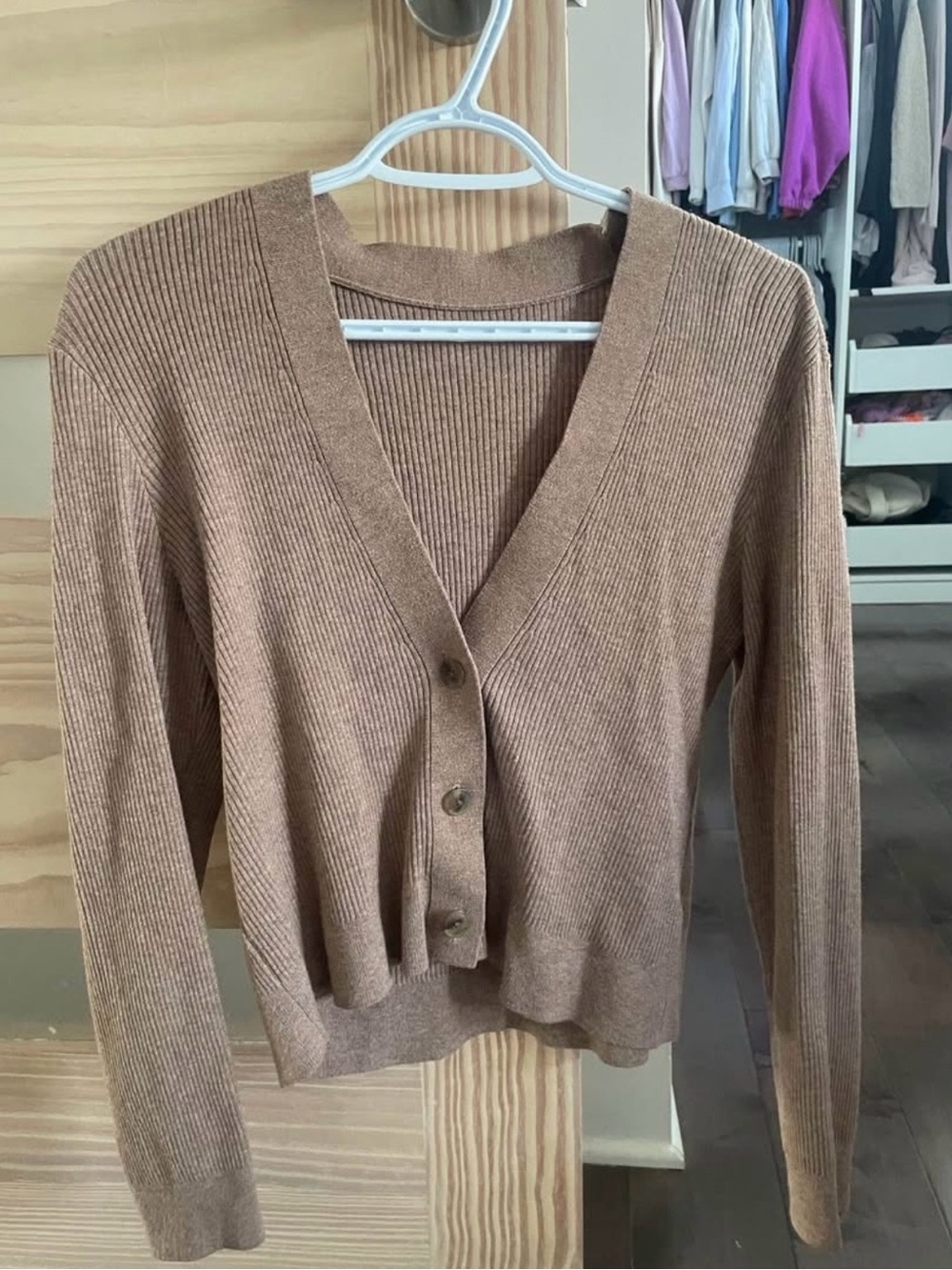 Women's Ribbed V-Neck Button Front Sweater Cardigan - Brown - small